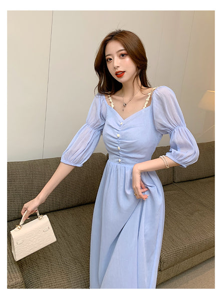 Fairy Retro Women Blue V Neck Retro Bobo Puff Shoulder Sleeves Long Dress Skirt