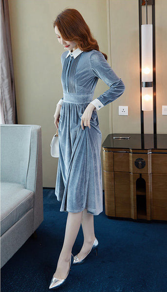 Trendy Elegant Nice Shiny Blue Velvet Soft Smooth Women High Waist Dress