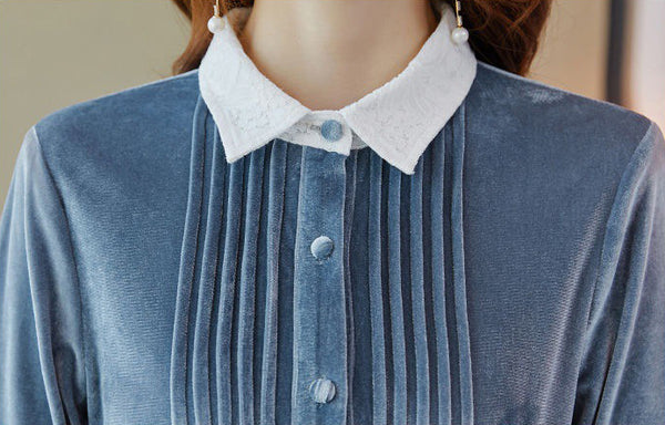 Trendy Elegant Nice Shiny Blue Velvet Soft Smooth Women High Waist Dress