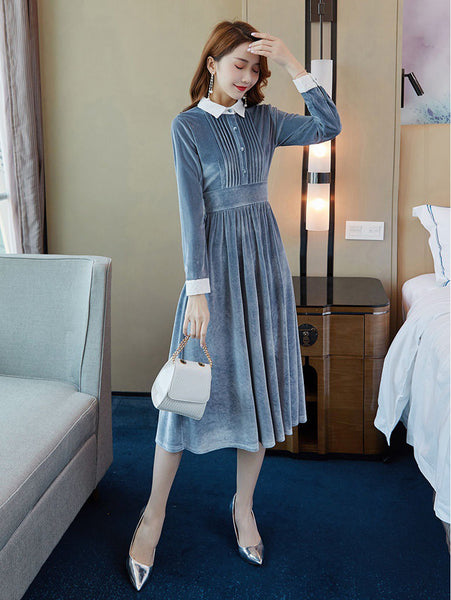 Trendy Elegant Nice Shiny Blue Velvet Soft Smooth Women High Waist Dress