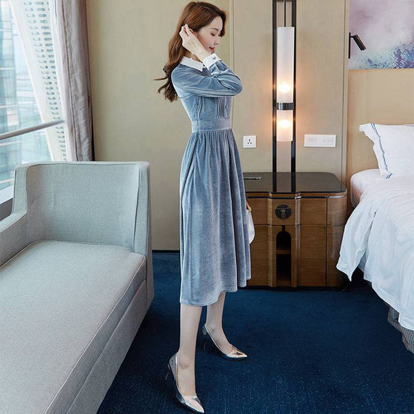 Trendy Elegant Nice Shiny Blue Velvet Soft Smooth Women High Waist Dress
