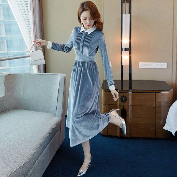 Trendy Elegant Nice Shiny Blue Velvet Soft Smooth Women High Waist Dress