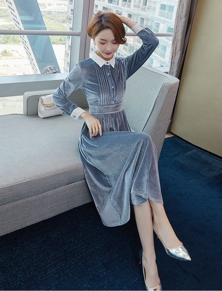 Trendy Elegant Nice Shiny Blue Velvet Soft Smooth Women High Waist Dress