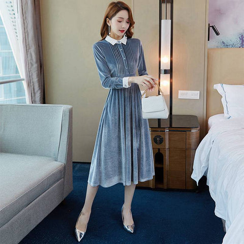 Trendy Elegant Nice Shiny Blue Velvet Soft Smooth Women High Waist Dress