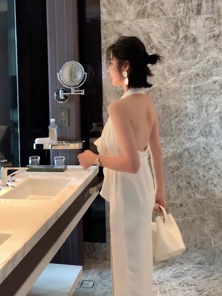 Temperament Sexy White Ruffled Halter Neck Strapless Holiday Side Slit Cocktail Party Dress