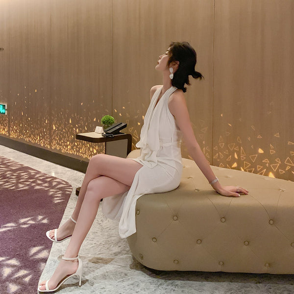 Temperament Sexy White Ruffled Halter Neck Strapless Holiday Side Slit Cocktail Party Dress