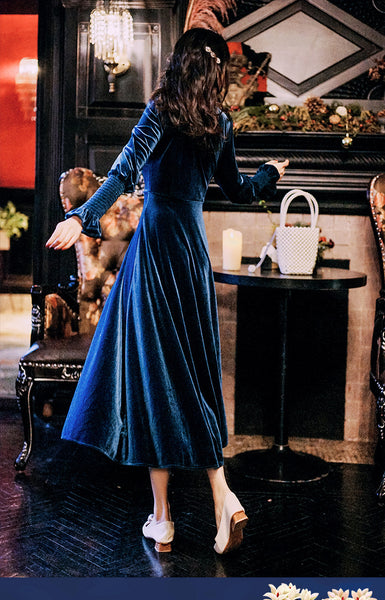 Elegant Women Retro Traditional Shiny Blue Velvet Ruffled Bust Long Sleeved Long Dress
