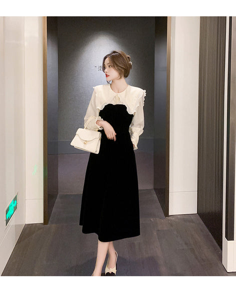 Large Size Retro Puff Sleeve Ruffled Mid Length Temperament Soft Smooth Dress