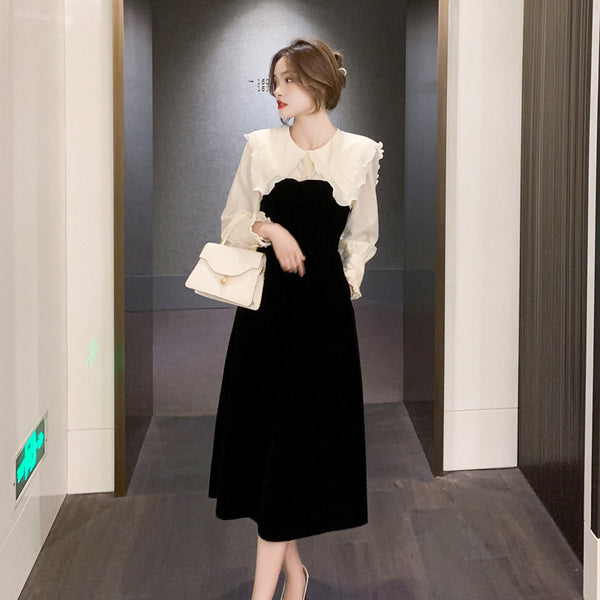 Large Size Retro Puff Sleeve Ruffled Mid Length Temperament Soft Smooth Dress