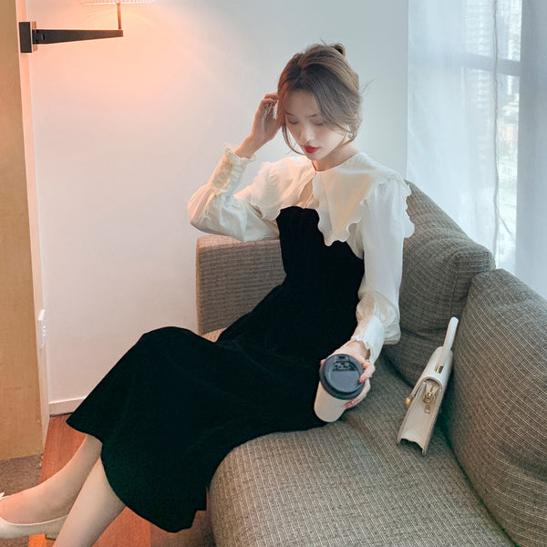 Large Size Retro Puff Sleeve Ruffled Mid Length Temperament Soft Smooth Dress