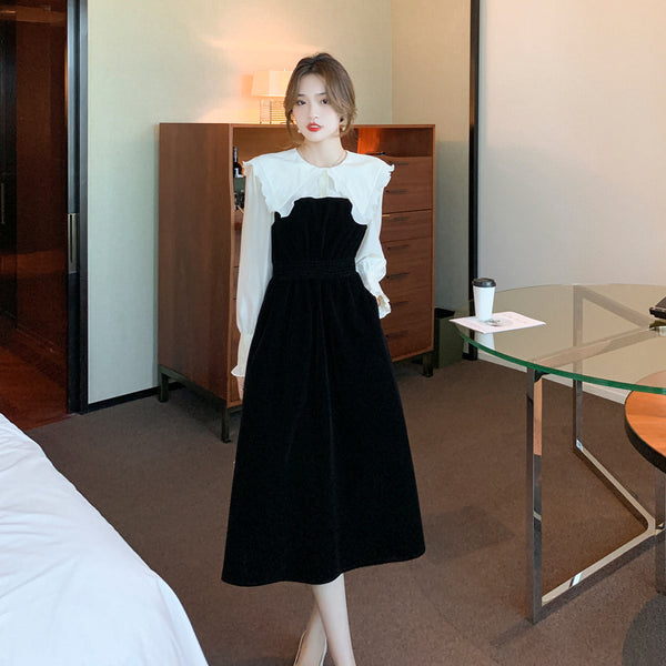 Large Size Retro Puff Sleeve Ruffled Mid Length Temperament Soft Smooth Dress