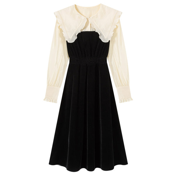 Large Size Retro Puff Sleeve Ruffled Mid Length Temperament Soft Smooth Dress