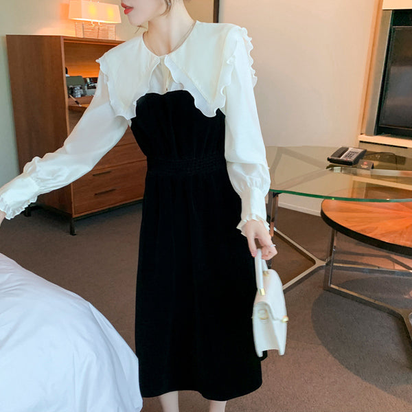 Large Size Retro Puff Sleeve Ruffled Mid Length Temperament Soft Smooth Dress