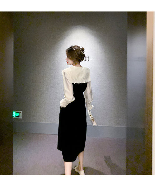 Large Size Retro Puff Sleeve Ruffled Mid Length Temperament Soft Smooth Dress