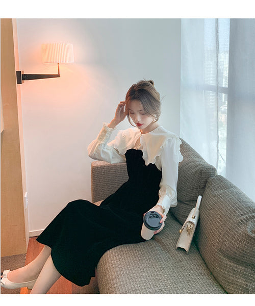 Large Size Retro Puff Sleeve Ruffled Mid Length Temperament Soft Smooth Dress