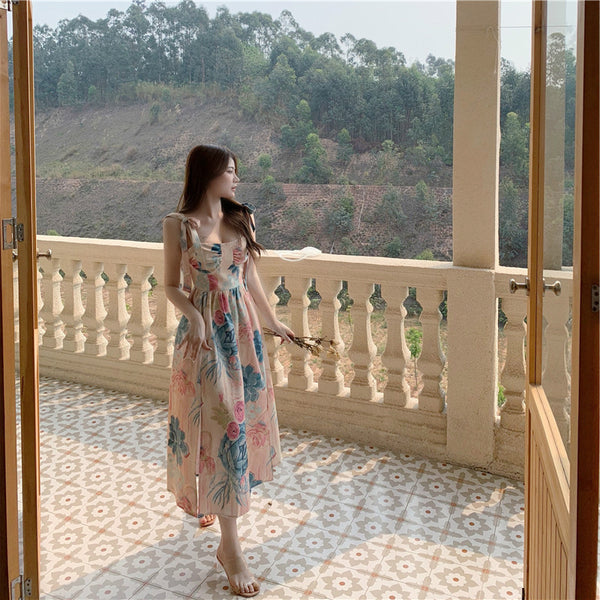 Summer Fairy Bow Te Strap Retro Oil Painting Print Smudges Dye Printed Long Dress