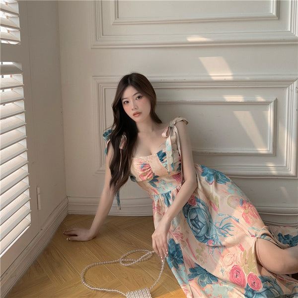 Summer Fairy Bow Te Strap Retro Oil Painting Print Smudges Dye Printed Long Dress