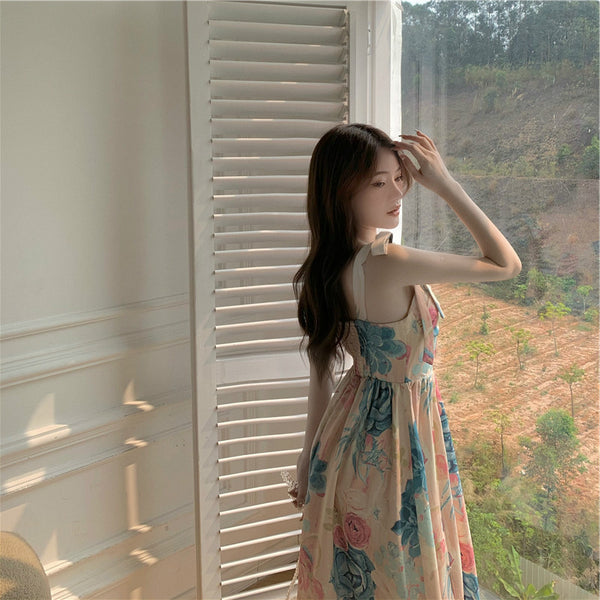 Summer Fairy Bow Te Strap Retro Oil Painting Print Smudges Dye Printed Long Dress
