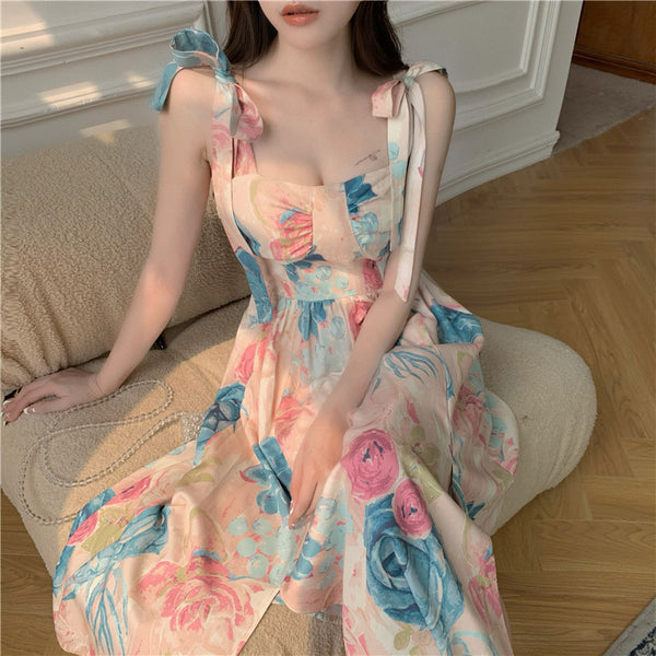Summer Fairy Bow Te Strap Retro Oil Painting Print Smudges Dye Printed Long Dress