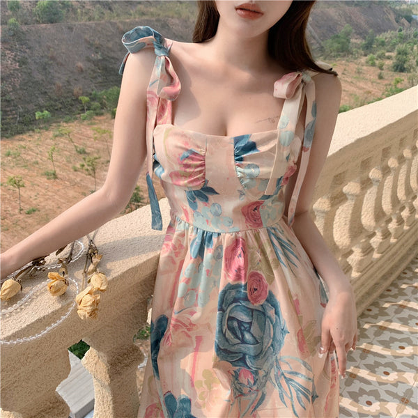 Summer Fairy Bow Te Strap Retro Oil Painting Print Smudges Dye Printed Long Dress