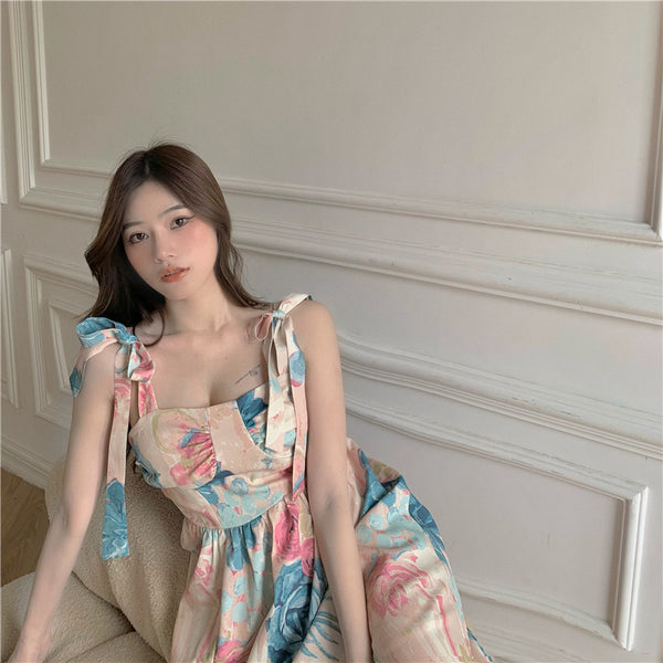 Summer Fairy Bow Te Strap Retro Oil Painting Print Smudges Dye Printed Long Dress