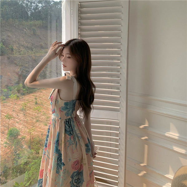 Summer Fairy Bow Te Strap Retro Oil Painting Print Smudges Dye Printed Long Dress