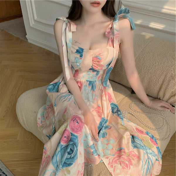 Summer Fairy Bow Te Strap Retro Oil Painting Print Smudges Dye Printed Long Dress