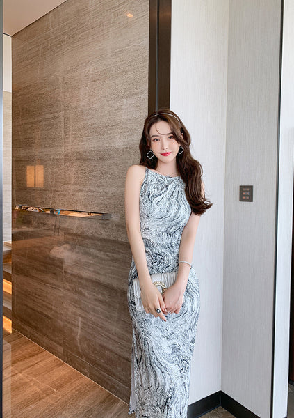 Retro Temperament Flecking Gray Shoulder Strap Printed Side Slit Pencil Dress