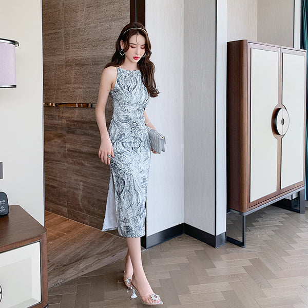 Retro Temperament Flecking Gray Shoulder Strap Printed Side Slit Pencil Dress