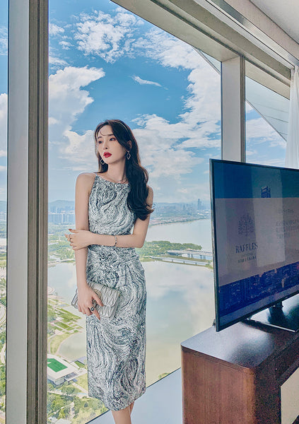 Retro Temperament Flecking Gray Shoulder Strap Printed Side Slit Pencil Dress