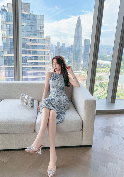Retro Temperament Flecking Gray Shoulder Strap Printed Side Slit Pencil Dress