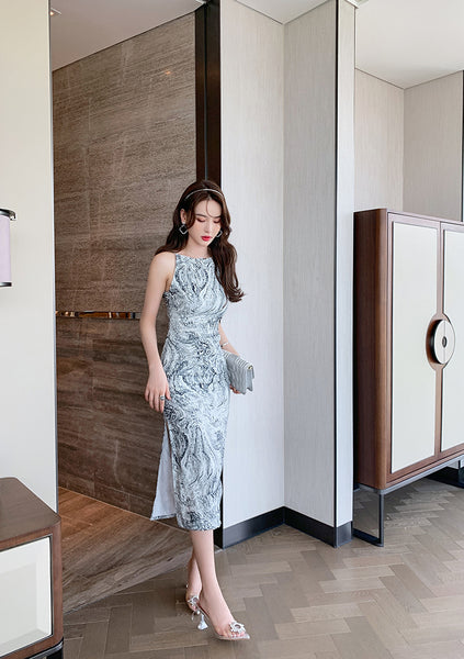 Retro Temperament Flecking Gray Shoulder Strap Printed Side Slit Pencil Dress