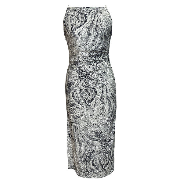 Retro Temperament Flecking Gray Shoulder Strap Printed Side Slit Pencil Dress