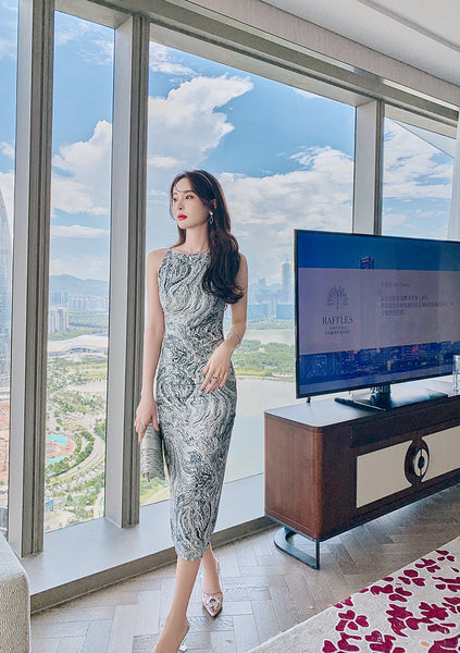 Retro Temperament Flecking Gray Shoulder Strap Printed Side Slit Pencil Dress