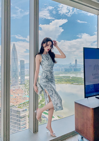 Retro Temperament Flecking Gray Shoulder Strap Printed Side Slit Pencil Dress