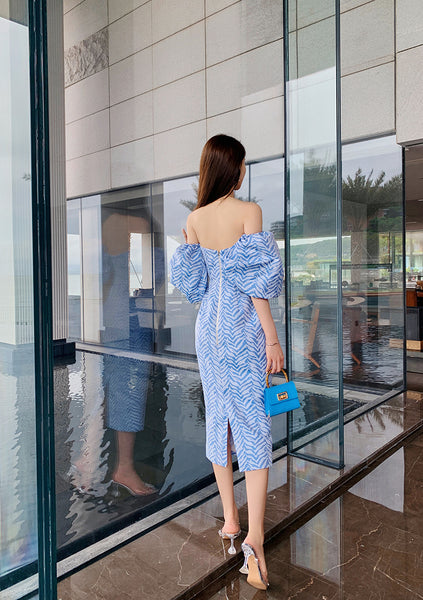 Sexy Women Tube Top Off Shoulder Blue Striped Backless Puff Sleeve Wrap Bust Ruffled Dress