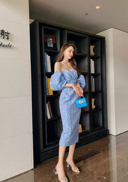 Sexy Women Tube Top Off Shoulder Blue Striped Backless Puff Sleeve Wrap Bust Ruffled Dress