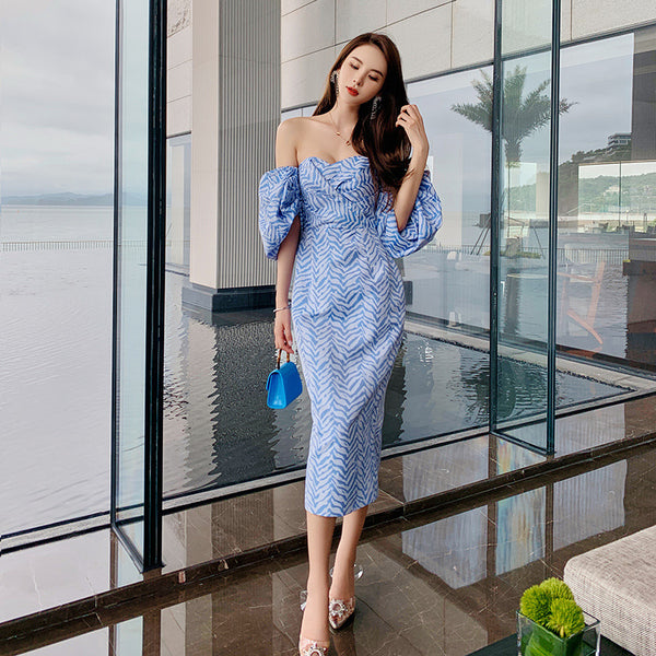 Sexy Women Tube Top Off Shoulder Blue Striped Backless Puff Sleeve Wrap Bust Ruffled Dress