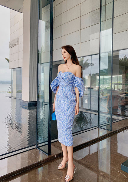 Sexy Women Tube Top Off Shoulder Blue Striped Backless Puff Sleeve Wrap Bust Ruffled Dress