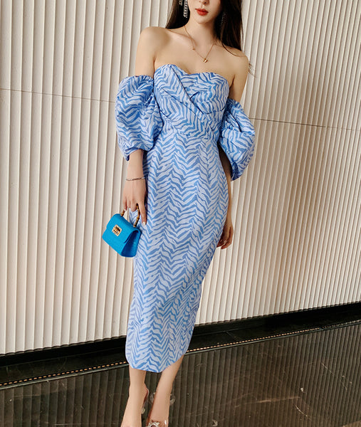 Sexy Women Tube Top Off Shoulder Blue Striped Backless Puff Sleeve Wrap Bust Ruffled Dress