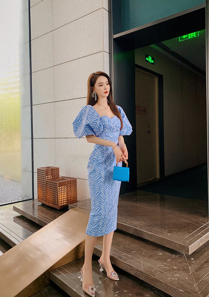 Sexy Women Tube Top Off Shoulder Blue Striped Backless Puff Sleeve Wrap Bust Ruffled Dress