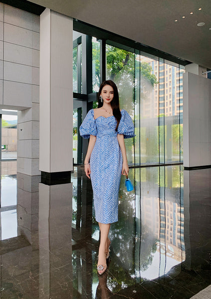 Sexy Women Tube Top Off Shoulder Blue Striped Backless Puff Sleeve Wrap Bust Ruffled Dress