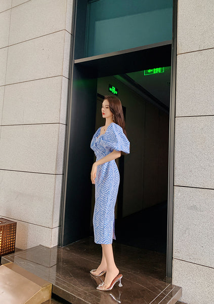 Sexy Women Tube Top Off Shoulder Blue Striped Backless Puff Sleeve Wrap Bust Ruffled Dress