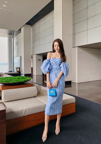 Sexy Women Tube Top Off Shoulder Blue Striped Backless Puff Sleeve Wrap Bust Ruffled Dress