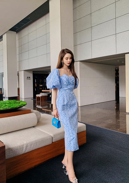 Sexy Women Tube Top Off Shoulder Blue Striped Backless Puff Sleeve Wrap Bust Ruffled Dress