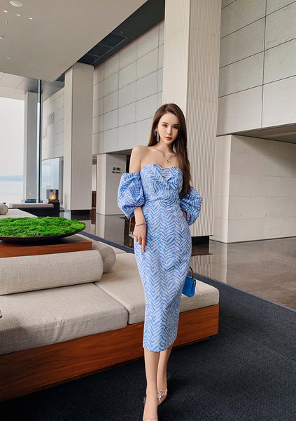 Sexy Women Tube Top Off Shoulder Blue Striped Backless Puff Sleeve Wrap Bust Ruffled Dress