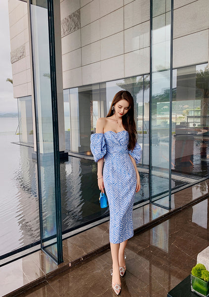 Sexy Women Tube Top Off Shoulder Blue Striped Backless Puff Sleeve Wrap Bust Ruffled Dress