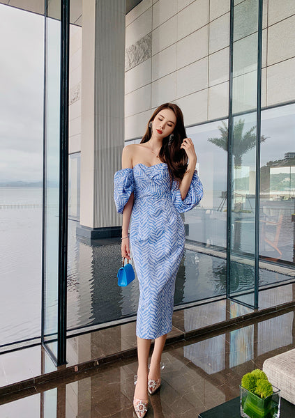 Sexy Women Tube Top Off Shoulder Blue Striped Backless Puff Sleeve Wrap Bust Ruffled Dress