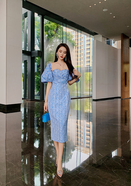 Sexy Women Tube Top Off Shoulder Blue Striped Backless Puff Sleeve Wrap Bust Ruffled Dress