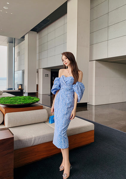 Sexy Women Tube Top Off Shoulder Blue Striped Backless Puff Sleeve Wrap Bust Ruffled Dress